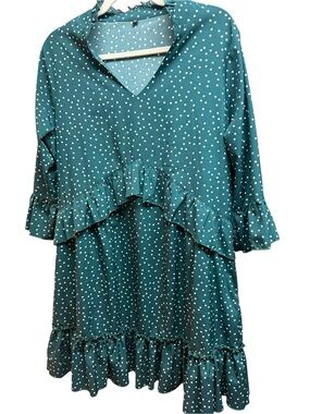 Cottagecore Boho Green White Polka Dot Ruffled Tiered Dress Size XL Retro